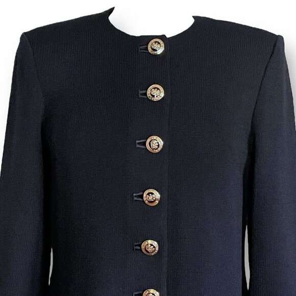 St John Womens Santana Knit Jacket Sz Petite Black Gold Lion Crest Button Blazer - Picture 3 of 9